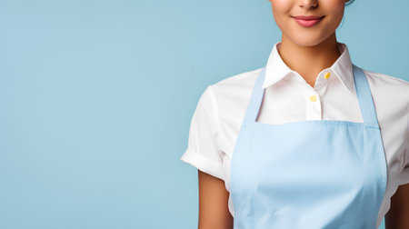 cropped image of smiling female chef in apron over blue backgroundの素材
