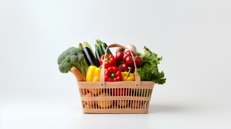 Shopping basket full of fresh organic vegetables isolated on white background.の素材