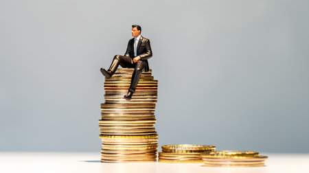 Miniature businessman sitting on a stack of coins. Business concept.の素材