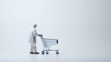 Full length shot of muslim man with shopping cart on white backgroundの素材