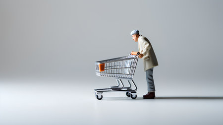 A miniature man in a beige coat and hat with a shopping cart on a gray backgroundの素材