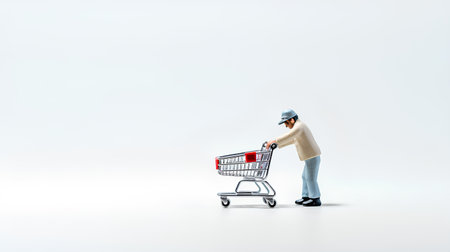 Young man in cap pushing shopping cart on white background. Online shopping concept.の素材