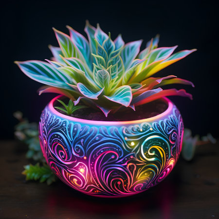 Decorative succulent plant in a pot on a black background.の素材