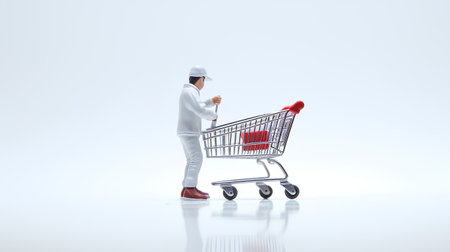 3d illustration of a man in a white medical uniform with a shopping cartの素材