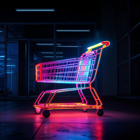 Shopping cart in neon light. 3d rendering toned imageの素材