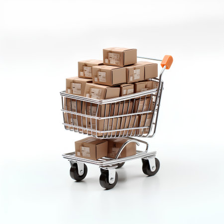 Shopping cart with boxes on white background. 3d illustration.の素材