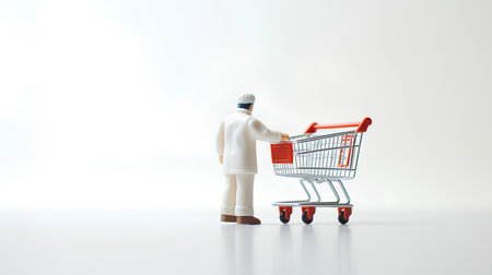 Man with shopping cart on a white background. 3d illustration.の素材
