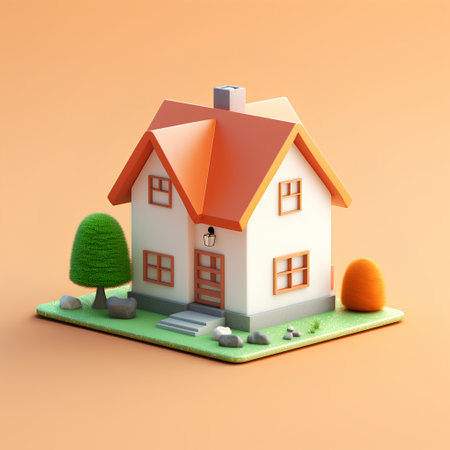 House on a green lawn. 3d render illustration isolated on orange backgroundの素材