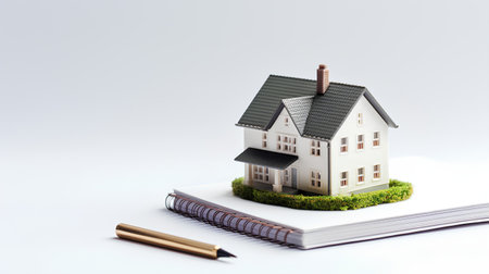 Real estate concept. House model and notebook on white background. 3d illustrationの素材