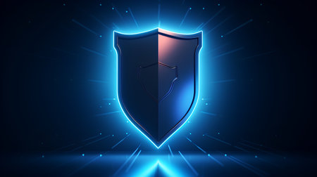 Shield with blue glow on dark background. Cyber security concept. Vector illustrationの素材
