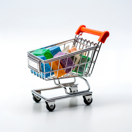 Shopping cart with colorful cubes isolated on white background, business and shopping conceptの素材