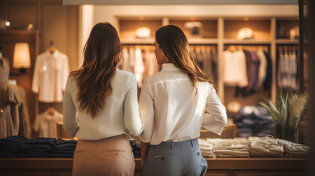 Back view of two young women in formal wear looking at each other while standing in boutiqueの素材