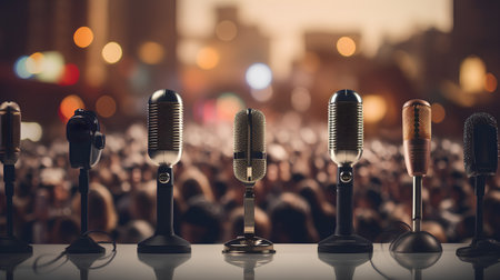Vintage microphone in front of crowd of people in a concert hallの素材
