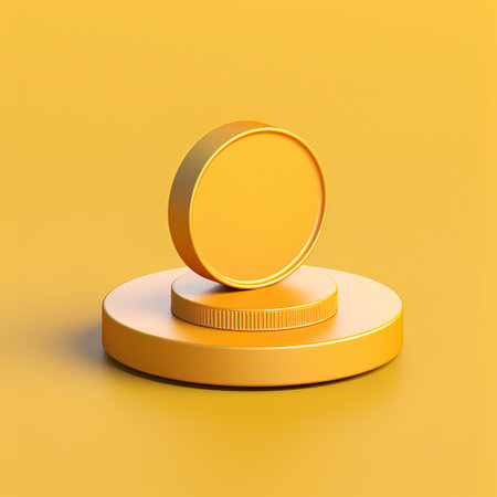 3d render of golden round podium isolated on yellow background with shadowの素材