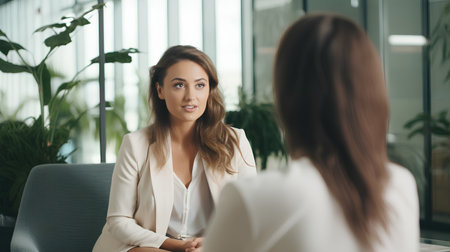Beautiful young business woman talking to her colleague in the office.の素材