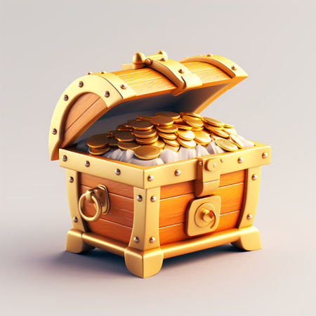 Treasure chest full of gold coins, 3d render illustration.の素材