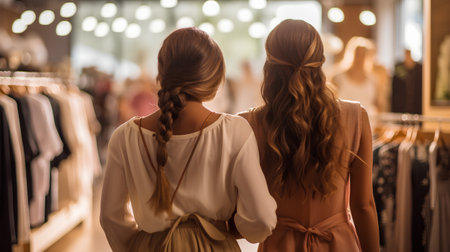 back view of two young women looking at clothes in clothing store boutiqueの素材