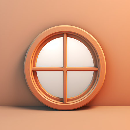 3d render of round window on orange wall background. Minimalistic design.の素材