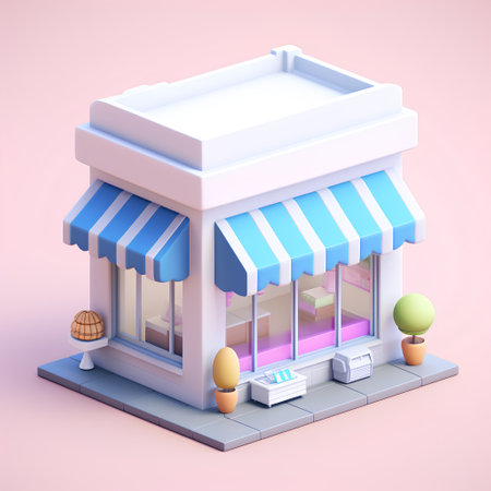 3d isometric small business building with shop window. Vector illustration.の素材