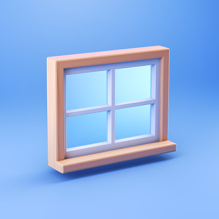 Wooden window isolated on blue background. 3d render illustration.の素材