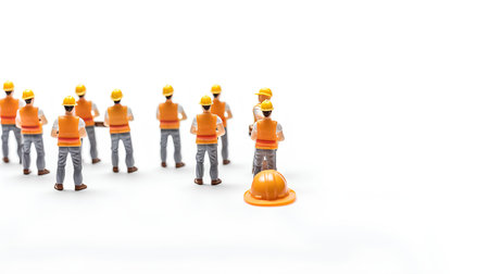 Miniature people engineer team with safety helmet and hard hat on white background.の素材