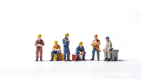 Miniature people engineer, architect, construction worker and worker on white background.の素材