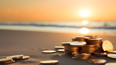 Coins on the beach with sunset background, business and financial conceptの素材