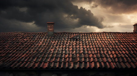 Old roof with brick chimney and cloudy sky. Toned.の素材