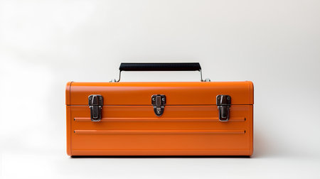 Orange suitcase isolated on white background. 3d render. Front view.の素材