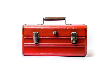 Old red toolbox isolated on white background. Clipping path included.の素材