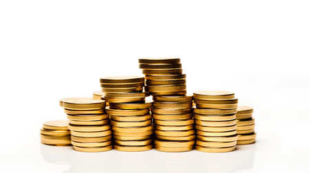 Stacks of gold coins isolated on white background, business and finance conceptの素材