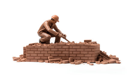 Man building a brick wall isolated on white background. 3d illustration.の素材