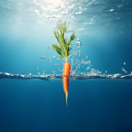 Fresh carrot with water splash on blue background. Healthy food concept.の素材