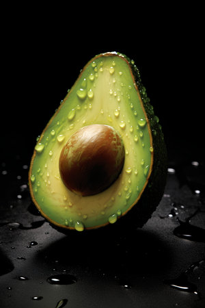 Avocado on a black background with water drops. Closeup.の素材