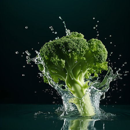Broccoli with water splash on dark background. Healthy food concept.の素材