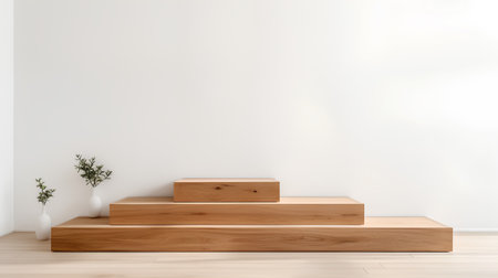 Empty room with wooden stairs and plant in vase. 3d renderの素材