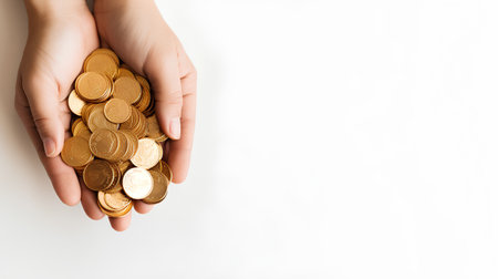 Coins in female hands on white background, top view, copy spaceの素材