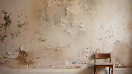 Vintage wooden chair in front of a weathered wall with copy spaceの素材