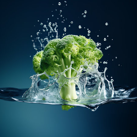 Broccoli in water splash, isolated on blue background. 3d renderingの素材