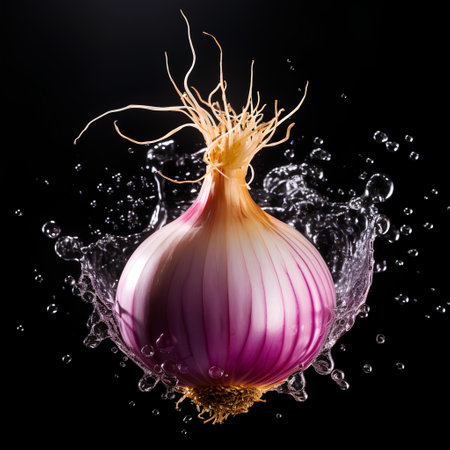 Fresh onion in water splash isolated on black background with clipping path.の素材