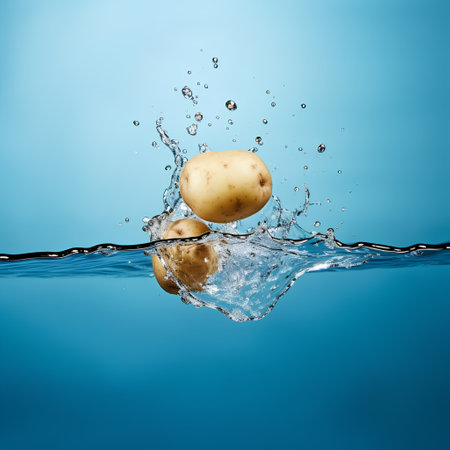 Fresh potatoes falling into water with splash on blue background. 3d illustrationの素材