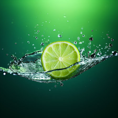 Lime with water splash on green background. 3d illustration.の素材