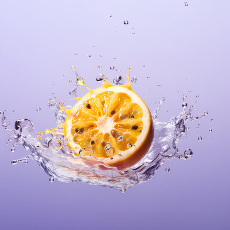 Half of orange in water splash, isolated on purple background. 3d illustrationの素材