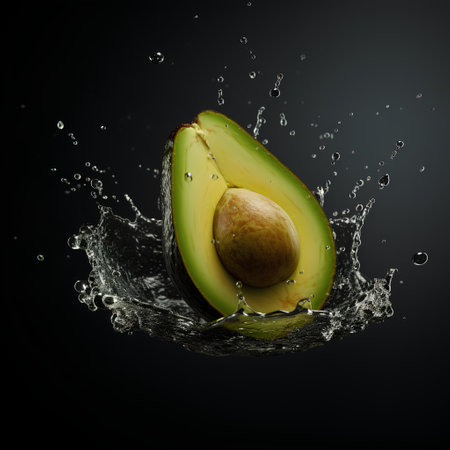 Fresh avocado with water splash isolated on black background. 3d illustrationの素材