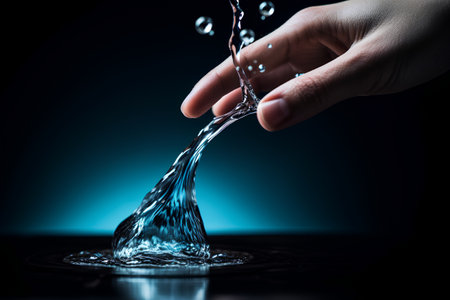 Hand holding water splash on dark background, close-up, macroの素材