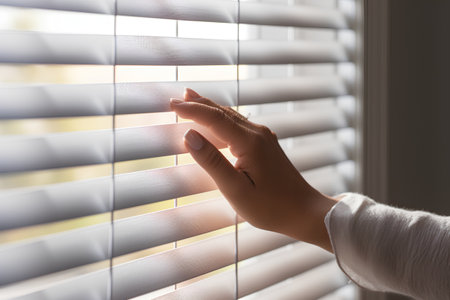 Close-up of a woman's hand peeking through the window blindsの素材