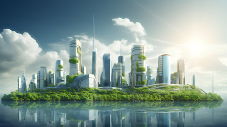 Green planet with modern city on the background of blue sky and cloudsの素材