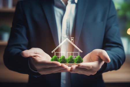 Real estate concept. Businessman holding a house in his hands.の素材