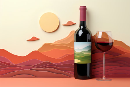 Wine bottle and glass with red wine on the background of mountains. 3d illustrationの素材