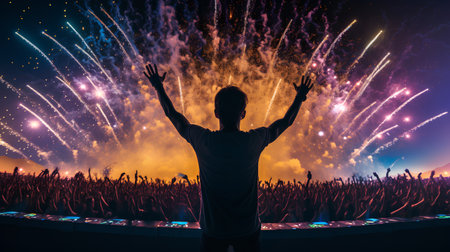 Silhouette of a man with raised hands in front of fireworksの素材